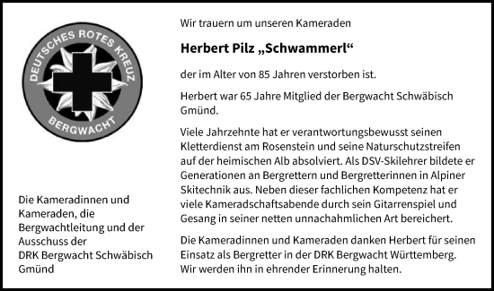 Traueranzeige von Herbert Pilz von Gmünder Tagespost