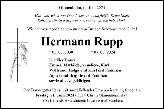 Traueranzeige von Hermann Rupp von Schwäbische Post
