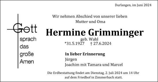 Traueranzeige von Hermine Grimminger von Gmünder Tagespost