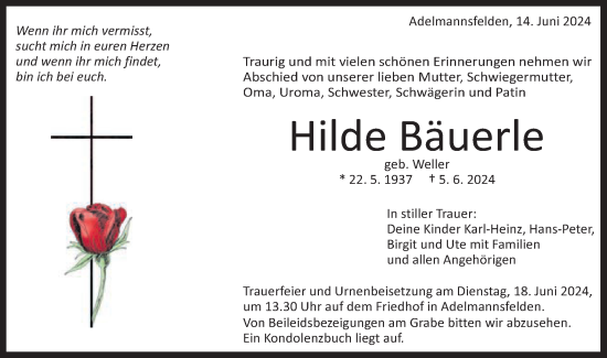 Traueranzeige von Hilde Bäuerle von Schwäbische Post