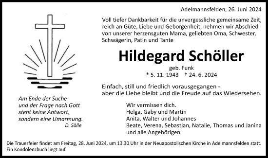 Traueranzeige von Hildegard Schöller von Schwäbische Post