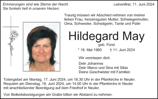 Traueranzeige von Hildegart May von Schwäbische Post