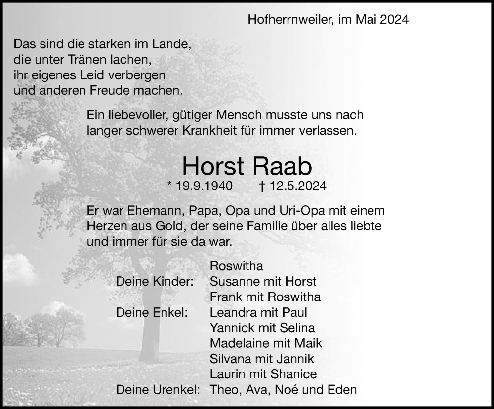  Traueranzeige für Horst Raab vom 01.06.2024 aus Schwäbische Post
