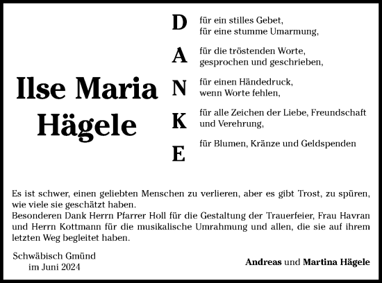 Traueranzeige von Ilse Maria Hägele von Gmünder Tagespost