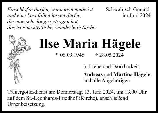 Traueranzeige von Ilse Maria Hägele von Gmünder Tagespost
