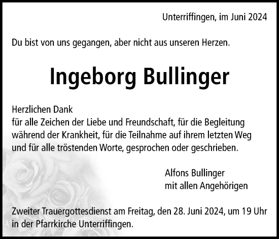 Traueranzeige von Ingeborg Bullinger von Schwäbische Post