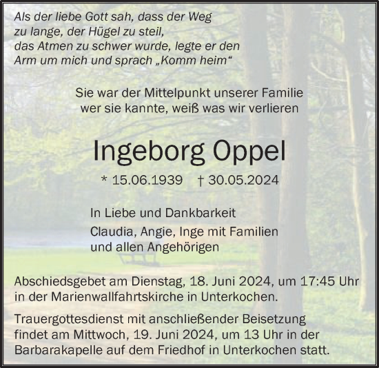 Traueranzeige von Ingeborg Oppel von Schwäbische Post