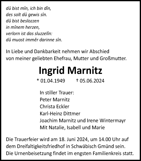 Traueranzeige von Ingrid Marnitz von Gmünder Tagespost
