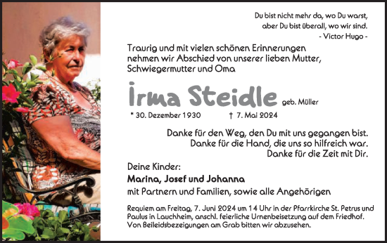 Traueranzeige von Irma Steidle von Schwäbische Post