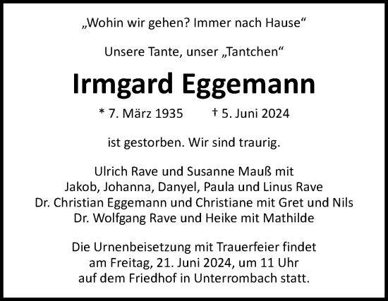 Traueranzeige von Irmgard Eggemann von Schwäbische Post