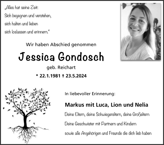 Traueranzeige von Jessica Gondosch von Gmünder Tagespost