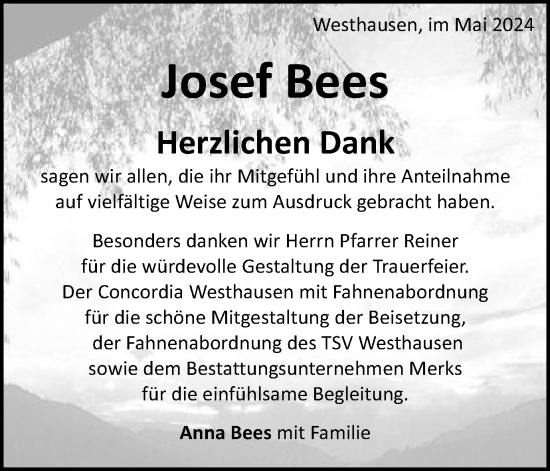 Traueranzeige von Josef Bees von Schwäbische Post