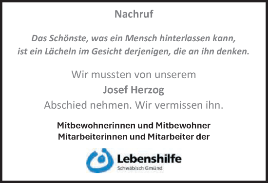 Traueranzeige von Josef Herzog von Gmünder Tagespost