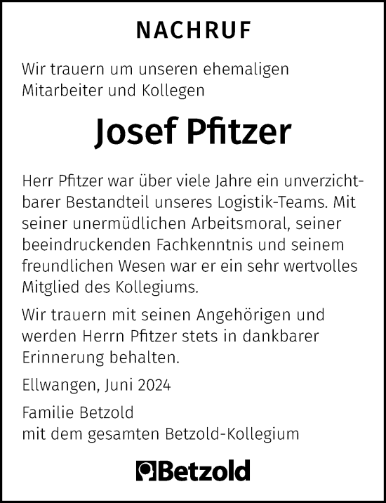 Traueranzeige von Josef Pfitzer von Schwäbische Post