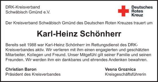 Traueranzeige von Karl-Heinz Schönherr von Gmünder Tagespost