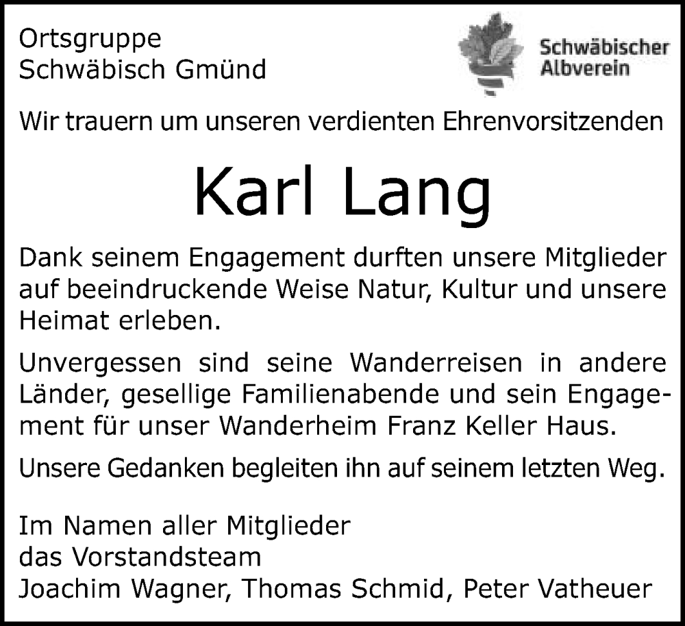  Traueranzeige für Karl Lang vom 13.06.2024 aus Gmünder Tagespost