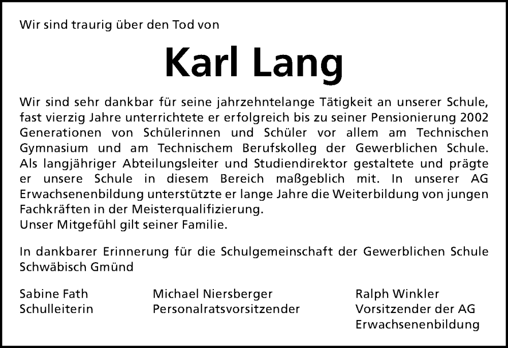  Traueranzeige für Karl Lang vom 13.06.2024 aus Gmünder Tagespost