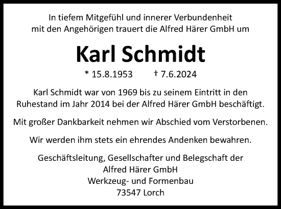 Traueranzeige von Karl Schmidt von Gmünder Tagespost