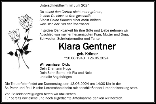 Traueranzeige von Klara Gentner von Schwäbische Post