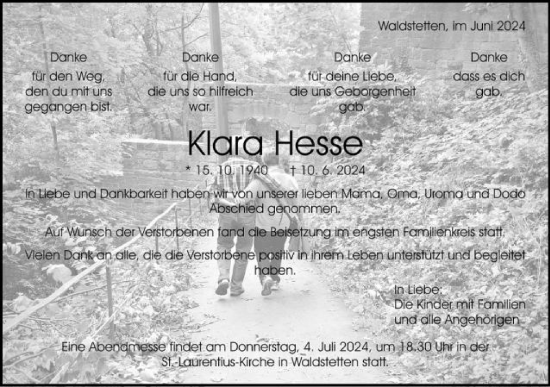 Traueranzeige von Klara Hesse von Gmünder Tagespost