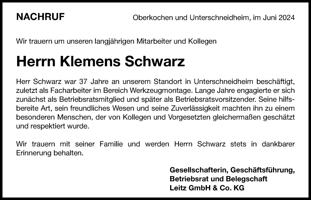  Traueranzeige für Klemens Schwarz vom 05.06.2024 aus Schwäbische Post