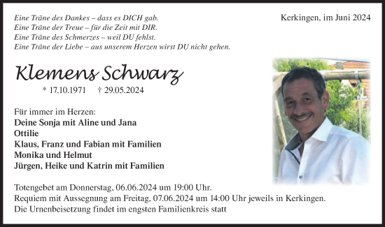 Traueranzeige von Klemens Schwarz von Schwäbische Post