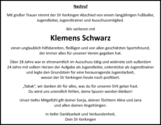 Traueranzeige von Klemens Schwarz von Schwäbische Post