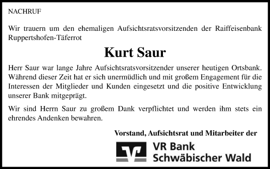 Traueranzeige von Kurt Saur von Gmünder Tagespost