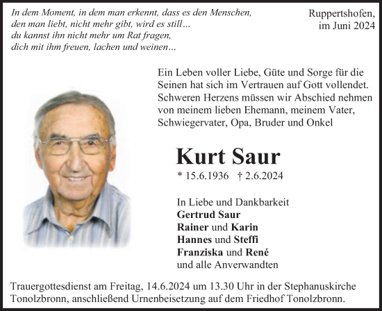Traueranzeige von Kurt Saur von Gmünder Tagespost