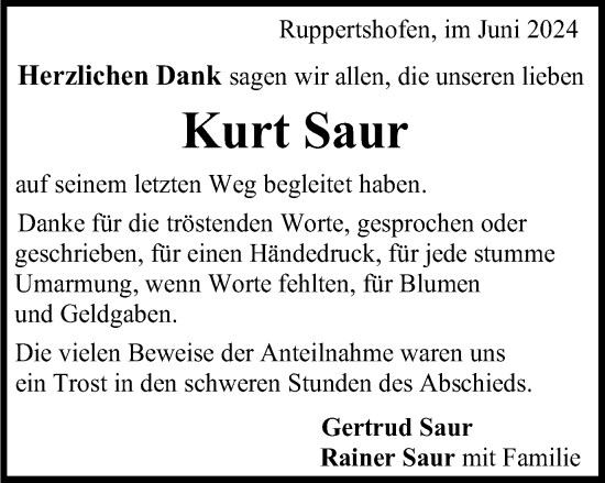 Traueranzeige von Kurt Saur von Gmünder Tagespost
