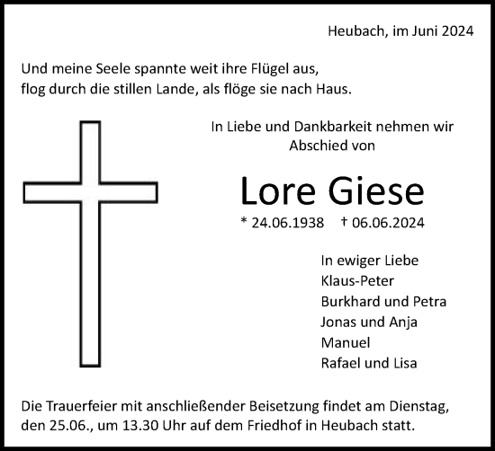 Traueranzeige von Lore Giese von Gmünder Tagespost