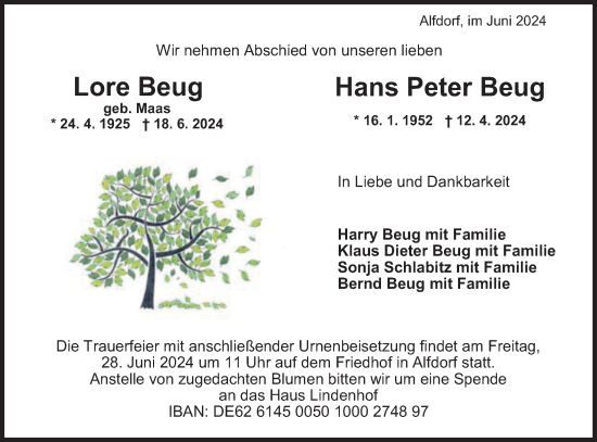 Traueranzeige von Lore und Hans Peter Beug von Gmünder Tagespost