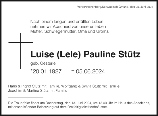 Traueranzeige von Luise Pauline Stütz von Gmünder Tagespost