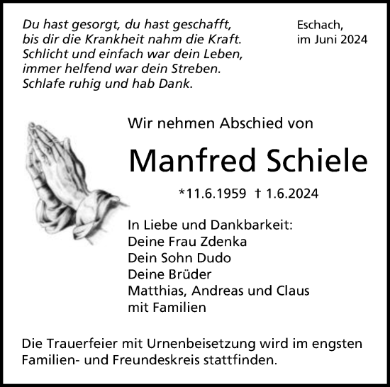 Traueranzeige von Manfred Schiele von Schwäbische Post