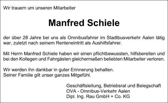 Traueranzeige von Manfred Schiele von Schwäbische Post