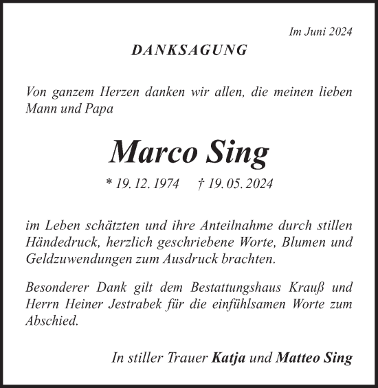 Traueranzeige von Marco Sing von Schwäbische Post