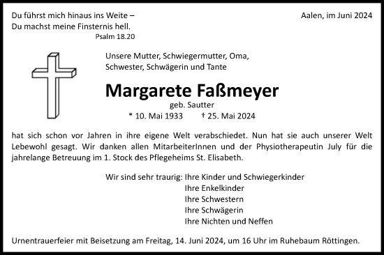 Traueranzeige von Margarete Faßmeyer von Schwäbische Post