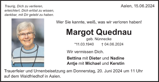 Traueranzeige von Margot Quednau von Schwäbische Post