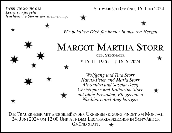 Traueranzeige von Margot Martha Storr von Gmünder Tagespost