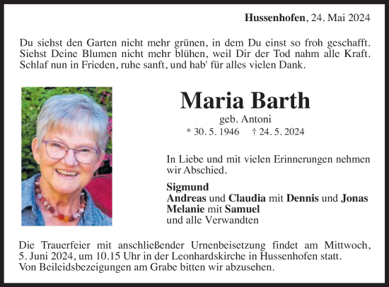 Traueranzeige von Maria Barth von Gmünder Tagespost