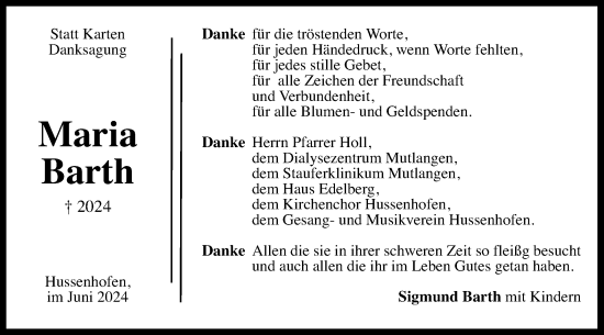 Traueranzeige von Maria Barth von Gmünder Tagespost