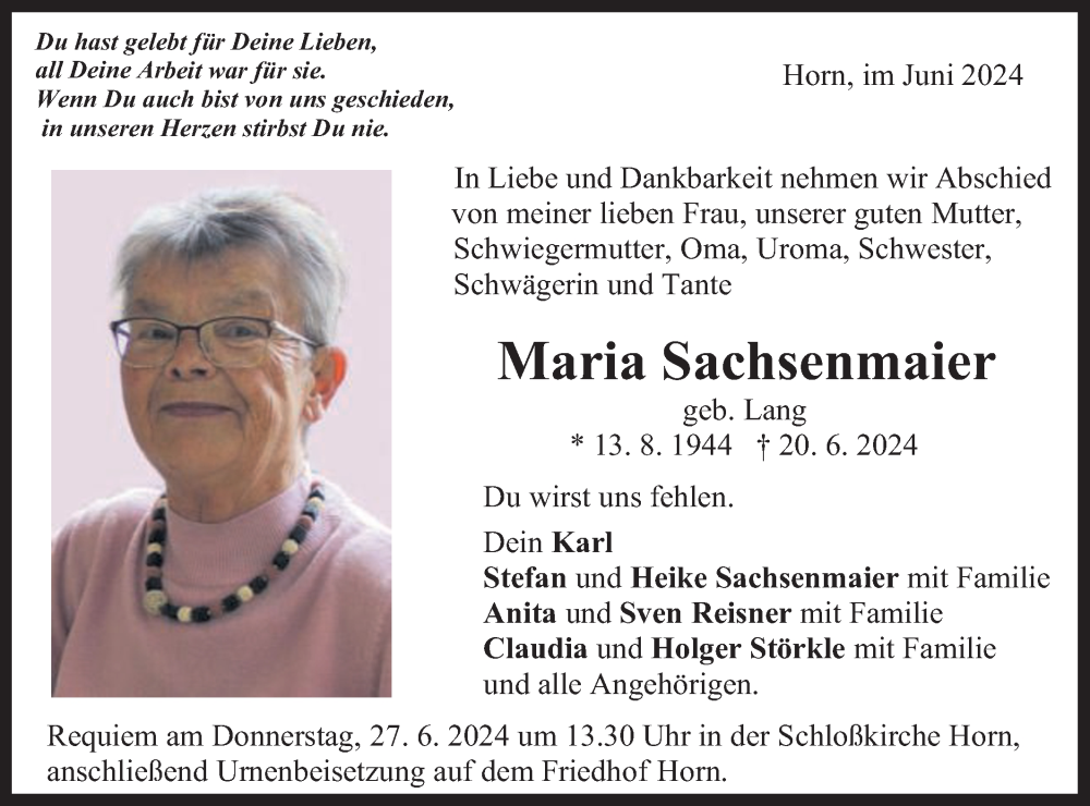  Traueranzeige für Maria Sachsenmaier vom 26.06.2024 aus Gmünder Tagespost