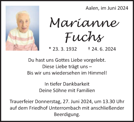 Traueranzeige von Marianne Fuchs von Schwäbische Post