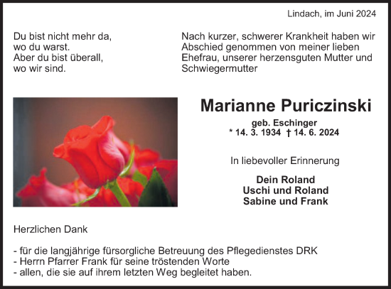 Traueranzeige von Marianne Puriczinski von Gmünder Tagespost