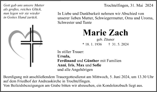 Traueranzeige von Marie Zach von Schwäbische Post