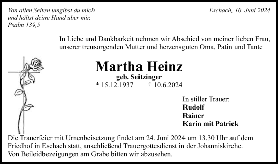 Traueranzeige von Martha Heinz von Gmünder Tagespost