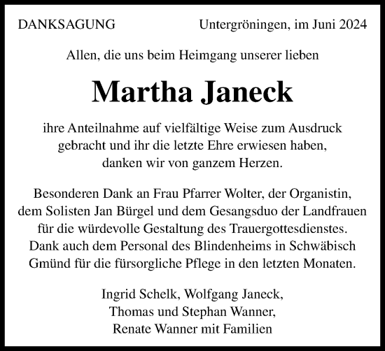 Traueranzeige von Martha Janeck von Gmünder Tagespost