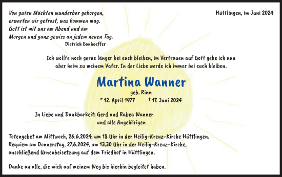 Traueranzeige von Martina Wanner von Schwäbische Post