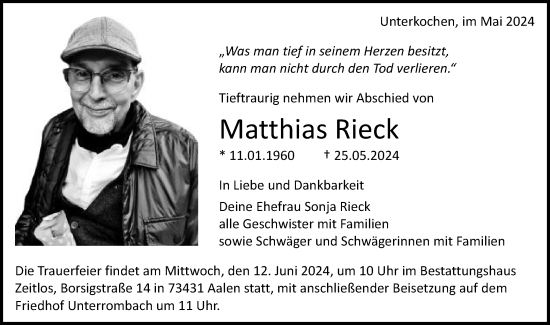 Traueranzeige von Matthias Rieck von Schwäbische Post