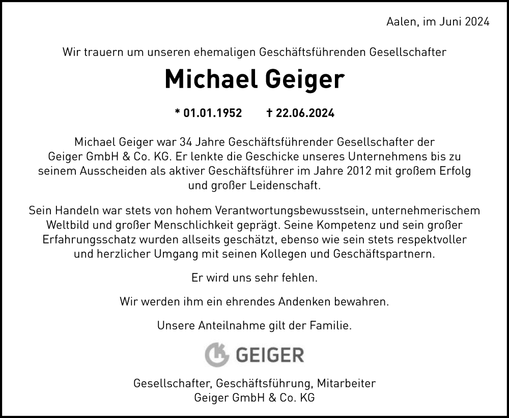  Traueranzeige für Michael Geiger vom 29.06.2024 aus Schwäbische Post